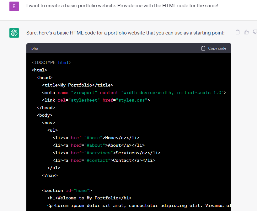 Скриншот ChatGPT — генерация HTML-кода для сайта